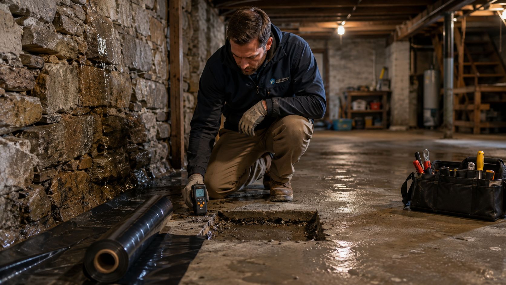 A professional technician uses a moisture meter to inspect a basement floor for a vapor barrier installation.