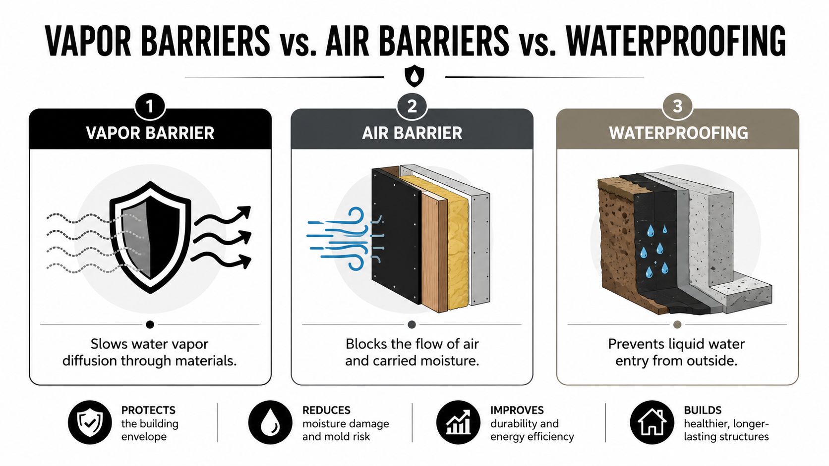 An infographic comparing vapor barriers, air barriers, and waterproofing, highlighting their functions and benefits for building protection.