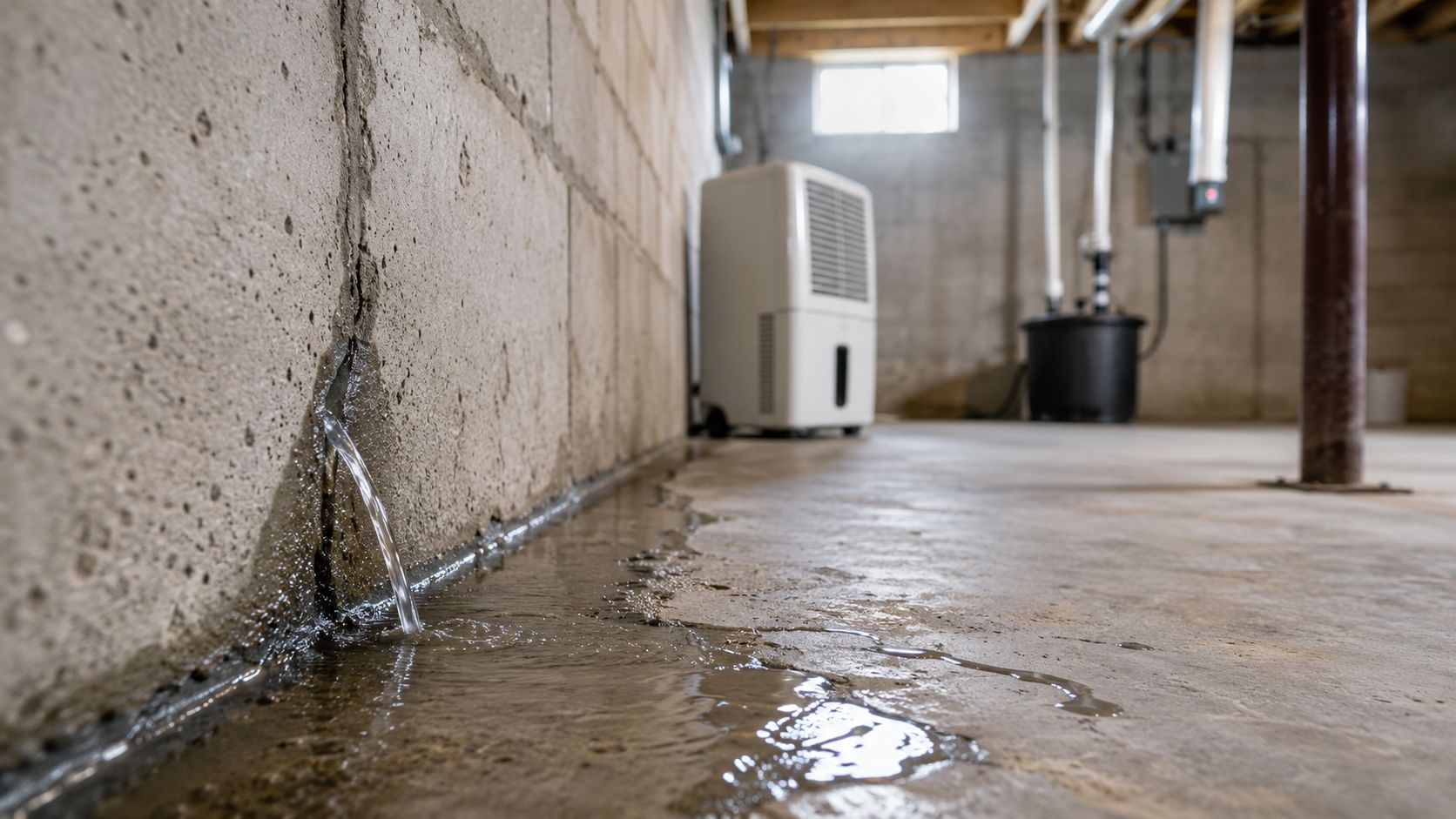 Water leaking through a crack in a concrete basement wall onto the floor, indicating potential foundation damage.