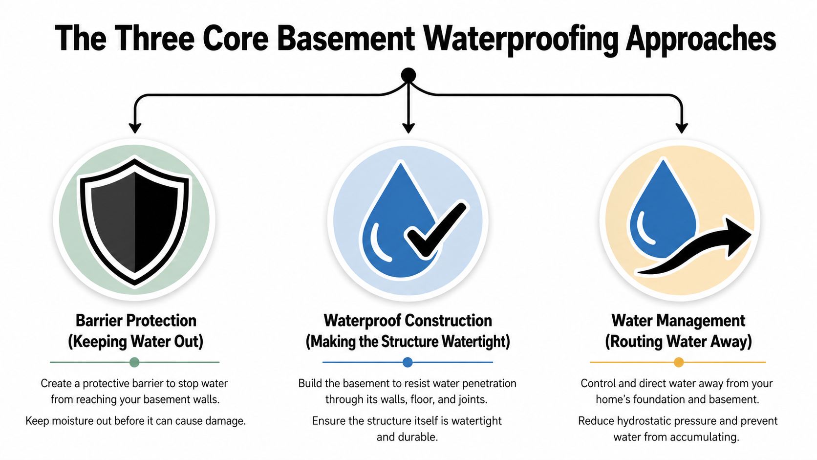 An infographic detailing the three primary basement waterproofing approaches: barrier protection, waterproof construction, and water management.