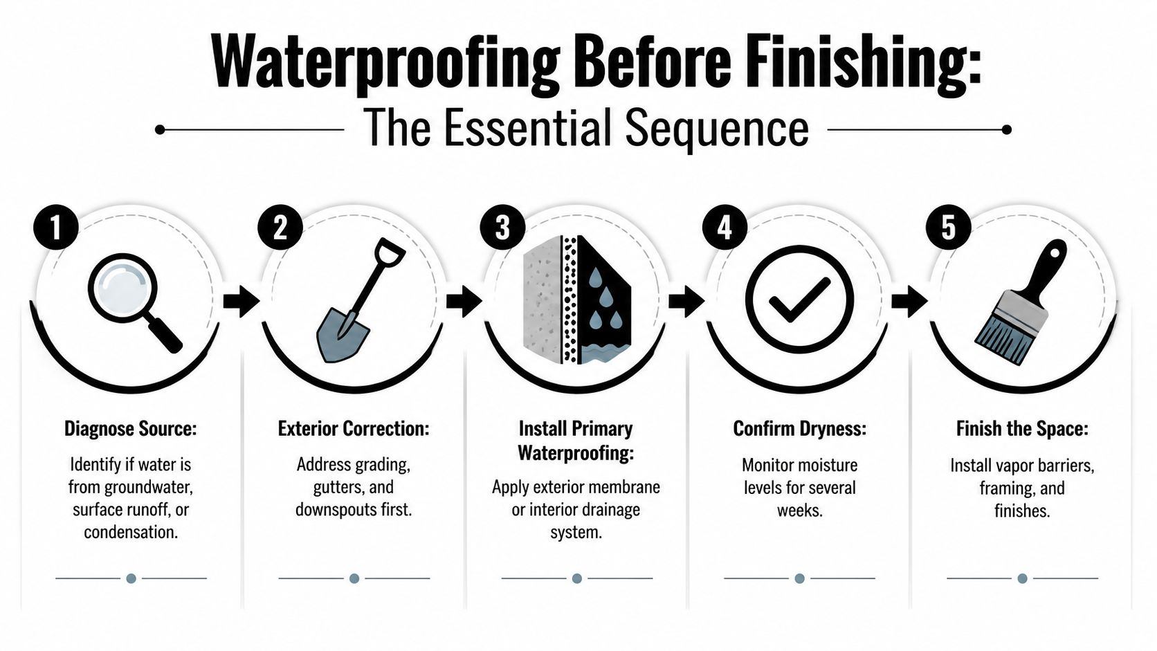 A five-step infographic showing the essential sequence for basement waterproofing before starting any finishing projects.