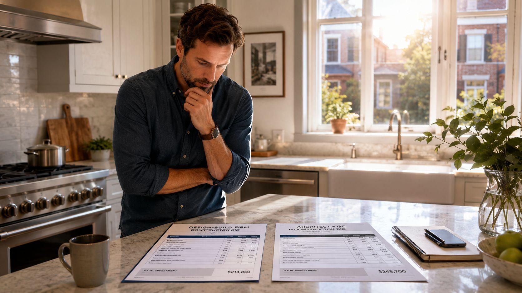 A man in a kitchen compares two construction bid documents while considering a home renovation project.