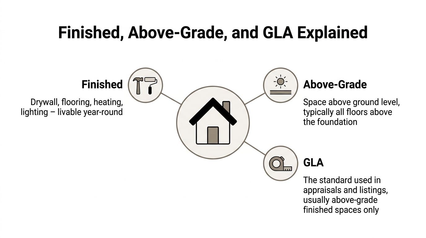 A diagram explaining real estate terms including finished space, above-grade, and gross living area definitions.