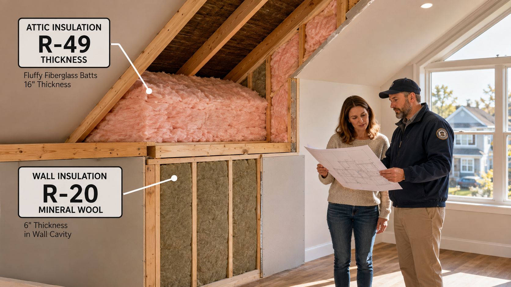 A professional inspector explains attic and wall insulation types and ratings using blueprints to a homeowner.