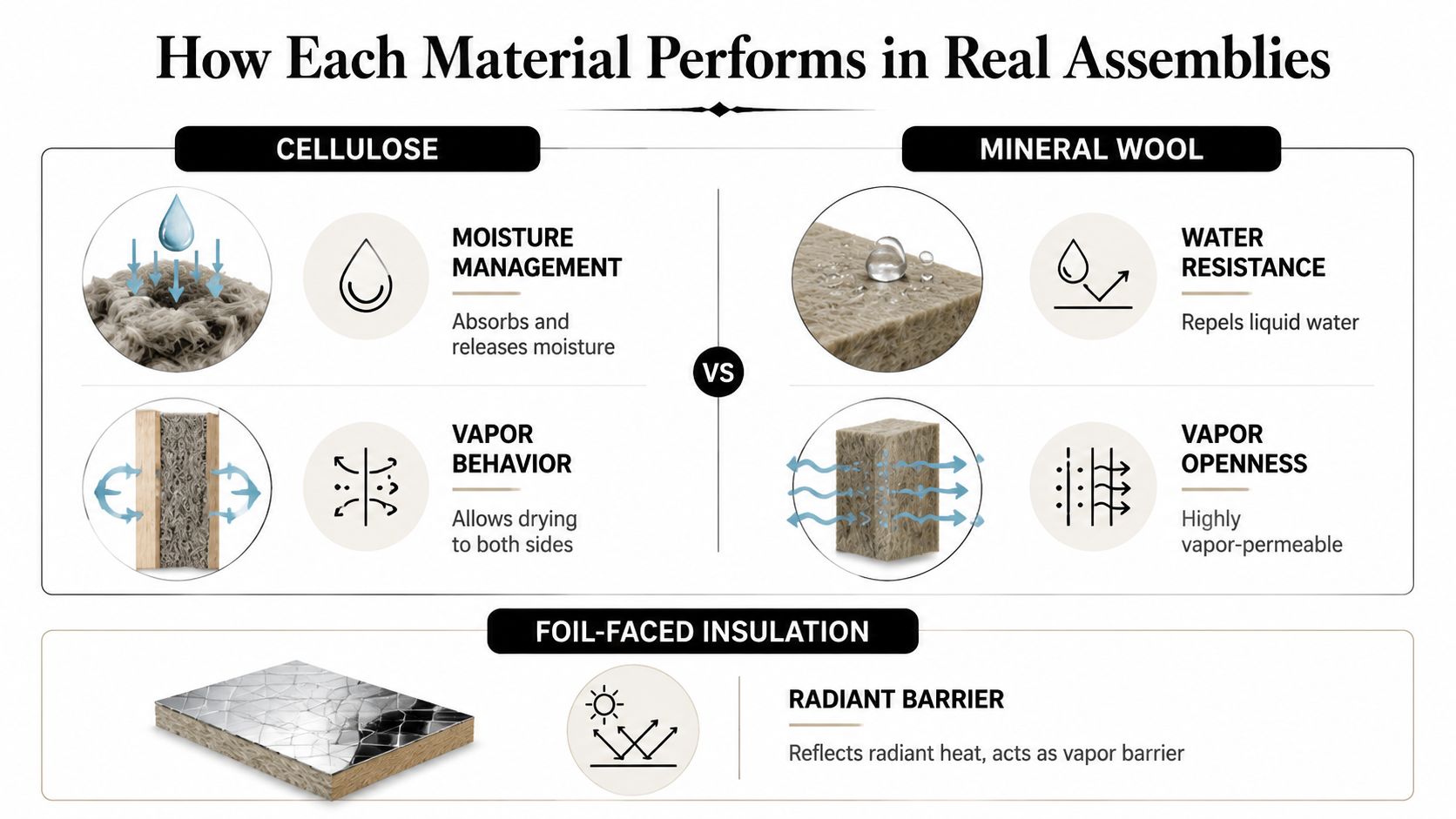 A comparison chart showing how cellulose, mineral wool, and foil-faced insulation perform regarding moisture and heat.