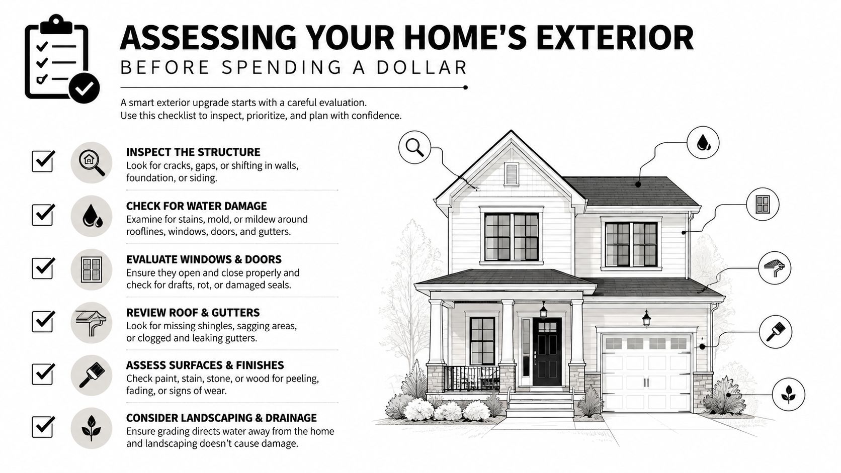 A helpful home inspection checklist for evaluating the exterior of your house before starting home improvement projects.