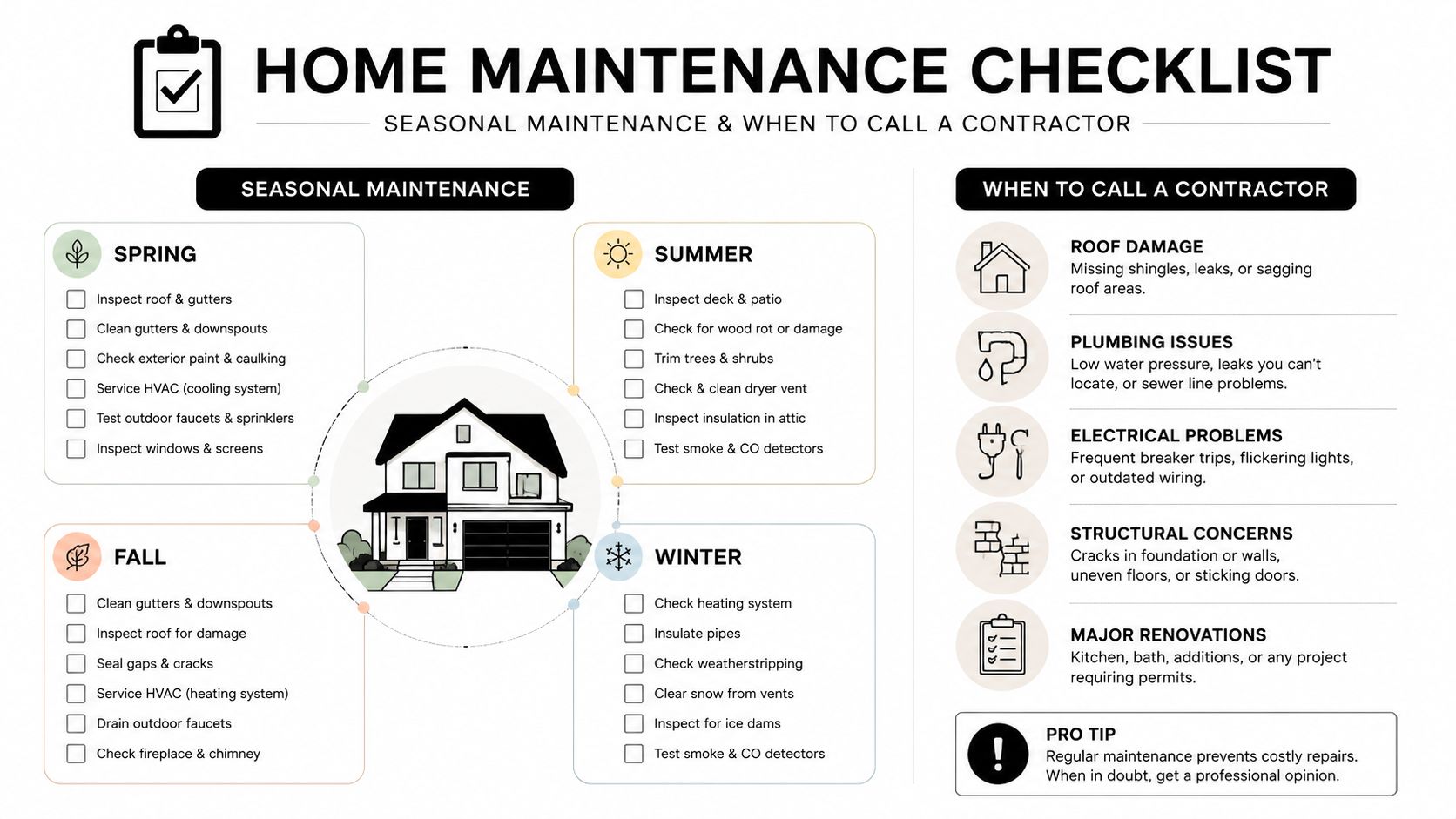 A comprehensive home maintenance checklist infographic detailing seasonal tasks and signs for calling a professional contractor.