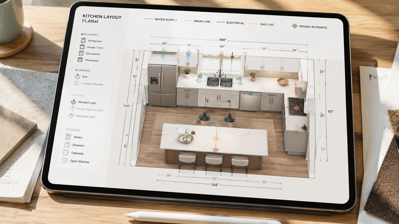 A digital kitchen layout plan displayed on a tablet screen showing dimensions and appliance placements.