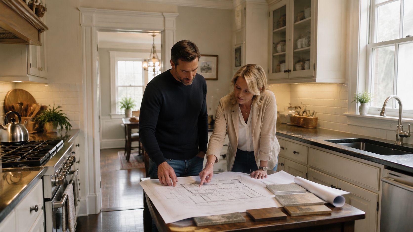 A professional interior designer and a homeowner reviewing architectural blueprints on a kitchen island during a renovation.