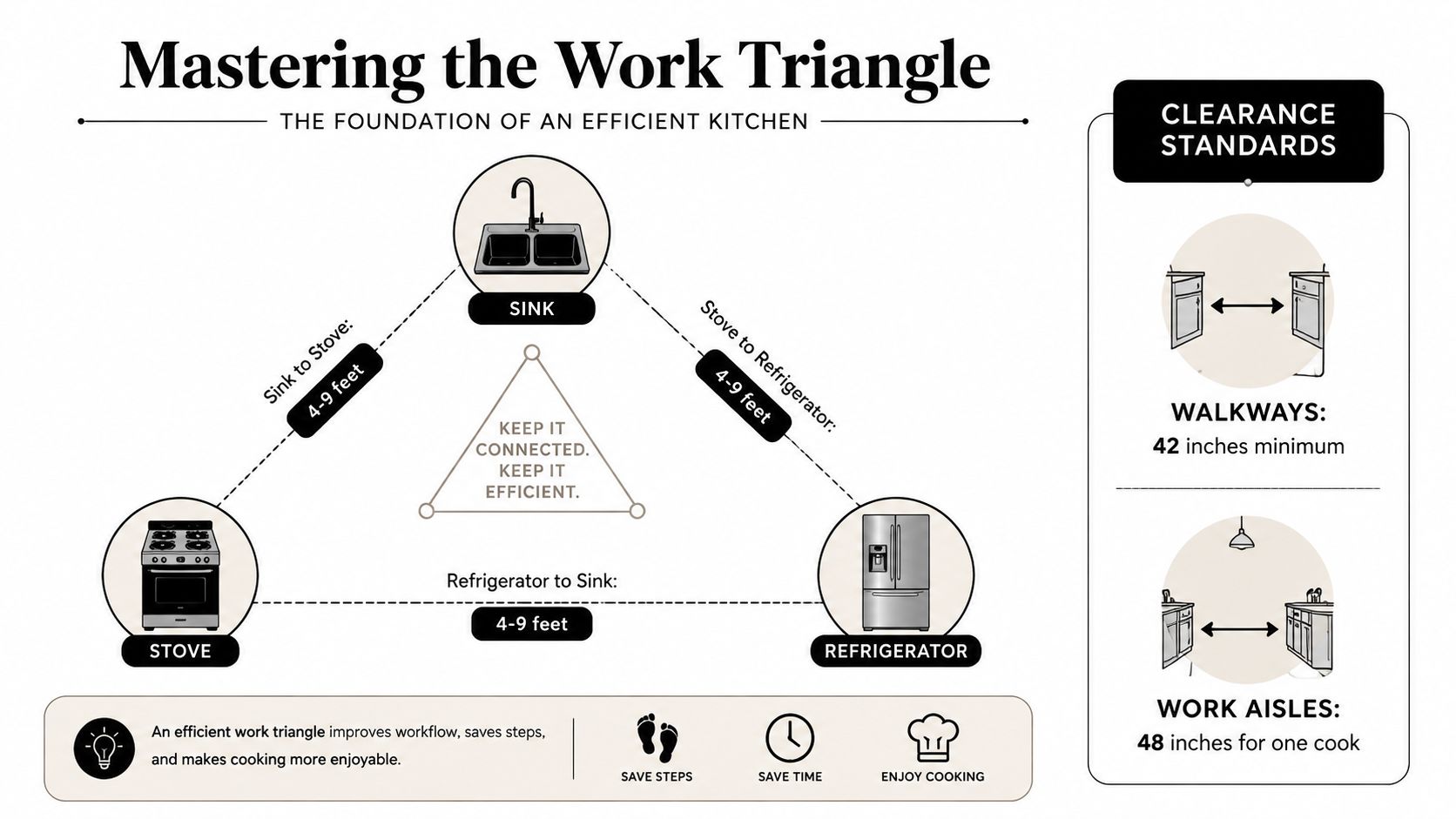 An infographic showing the kitchen work triangle layout involving the sink, stove, and refrigerator for efficiency.
