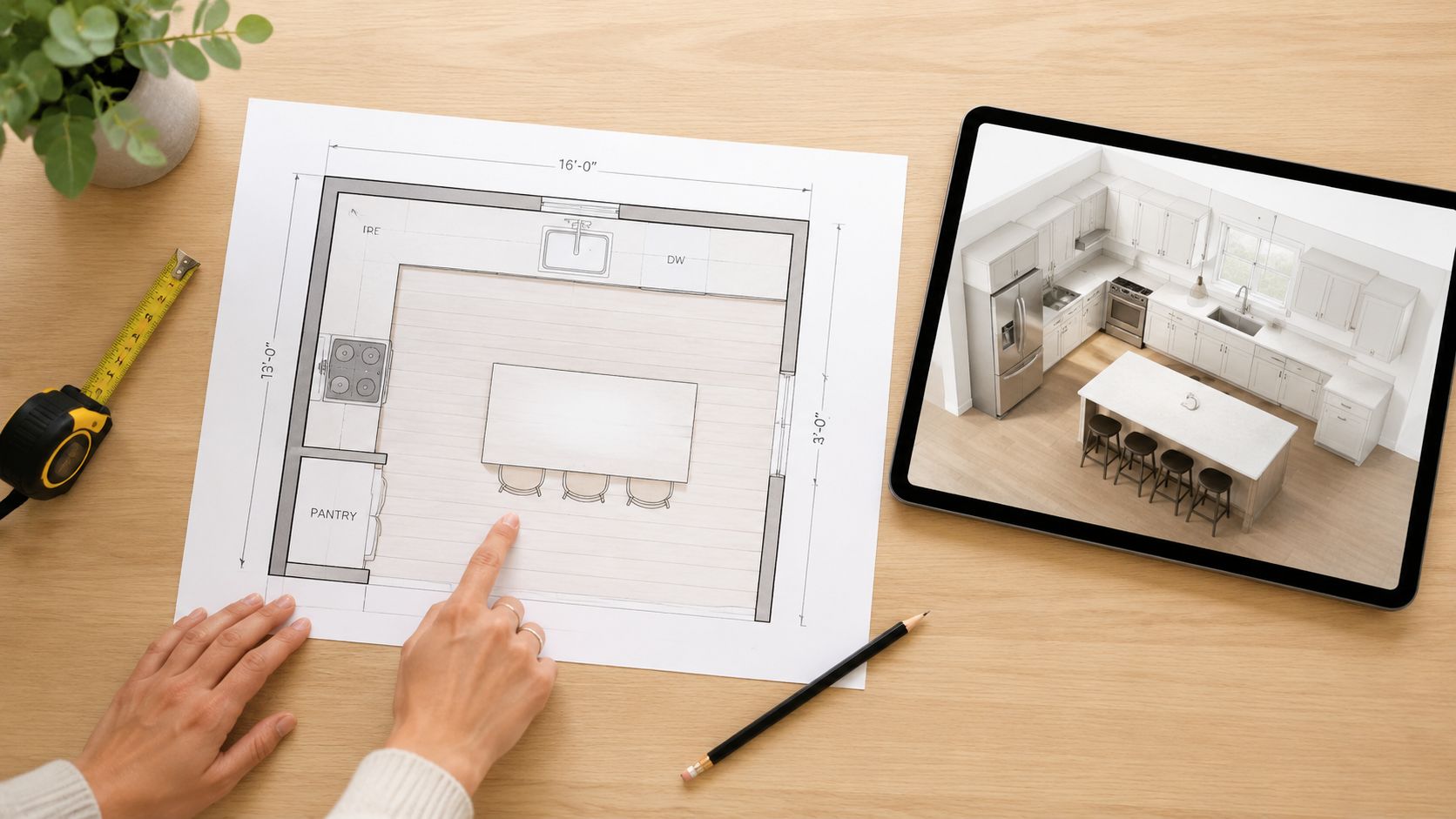 A person reviewing a kitchen floor plan on paper with a tablet displaying a 3D rendering.