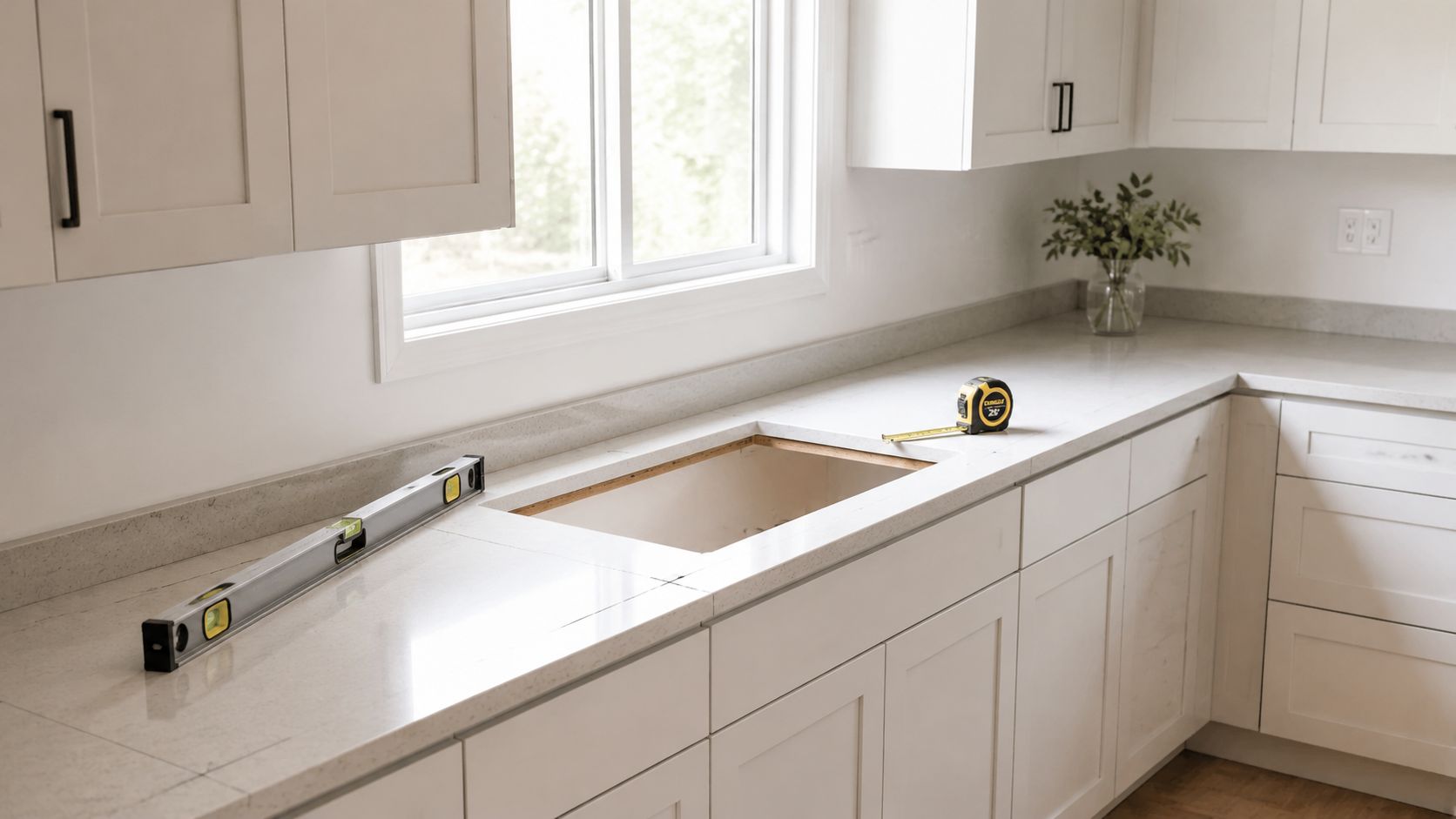 A modern kitchen countertop during a renovation featuring a level and measuring tape by the sink cutout.