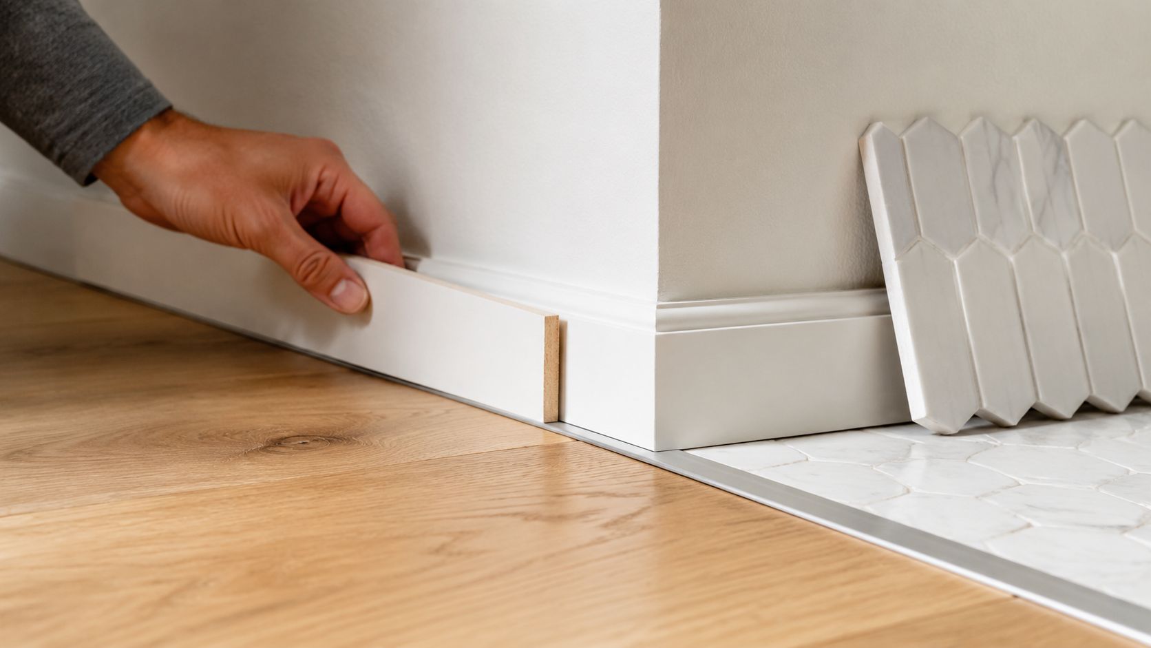 A construction worker installing white trim moulding at the transition between wood flooring and tiled surfaces.