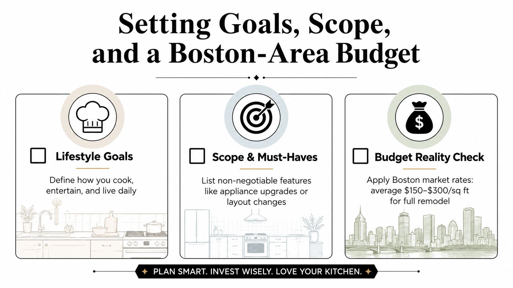An infographic titled Setting Goals, Scope, and a Boston-Area Budget for a kitchen renovation project.