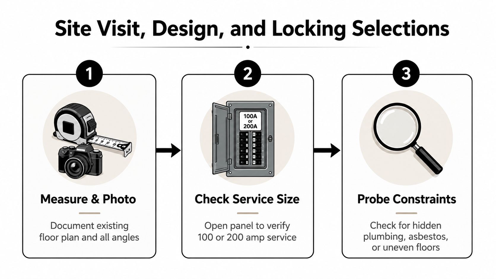A three-step infographic titled Site Visit, Design, and Locking Selections showing measuring, electrical inspection, and constraint probing.