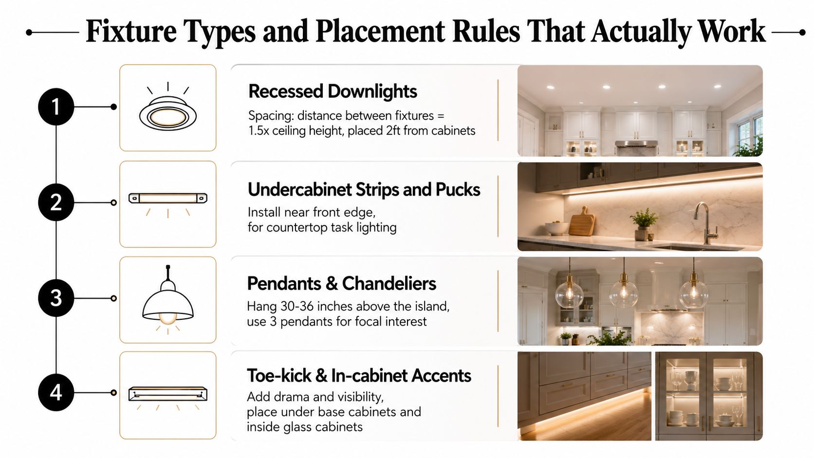 An infographic showing four types of kitchen lighting fixtures, placement rules, and examples of each installed.