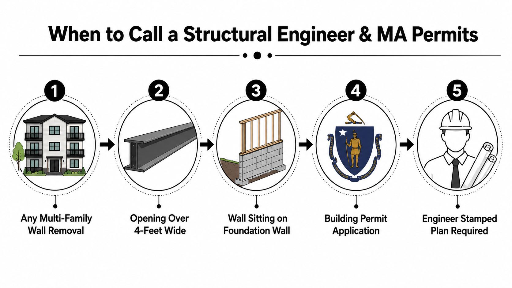 An infographic detailing five situations requiring a structural engineer and building permits in Massachusetts for construction projects.