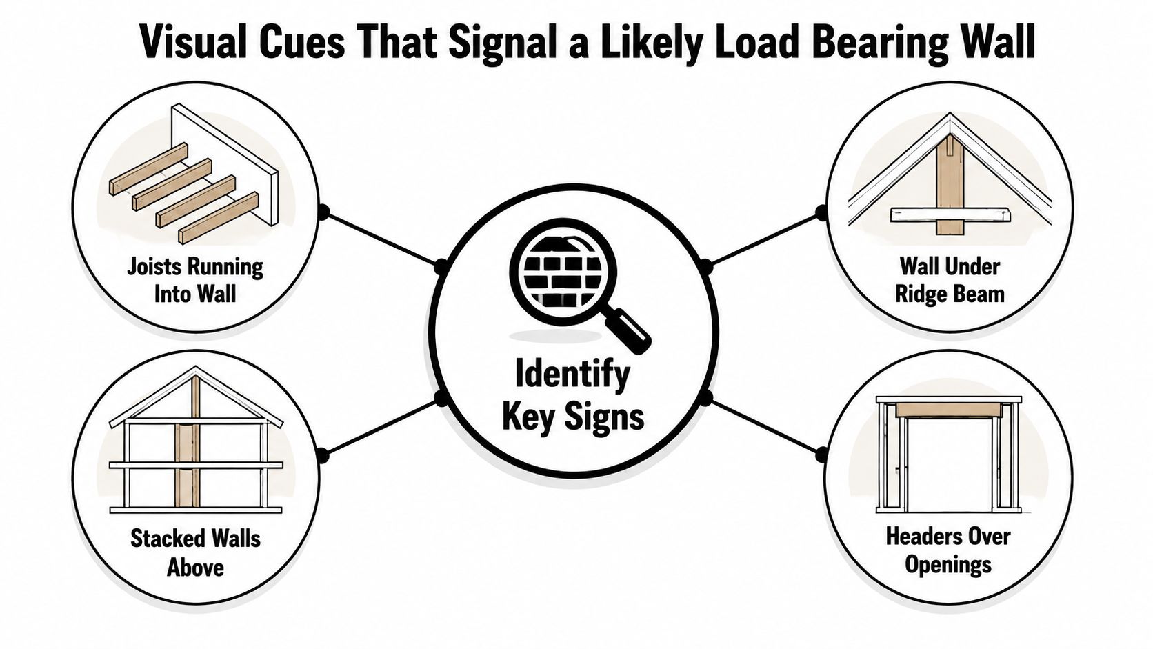 A diagram illustrating four common visual indicators used to identify a load bearing wall in a house.