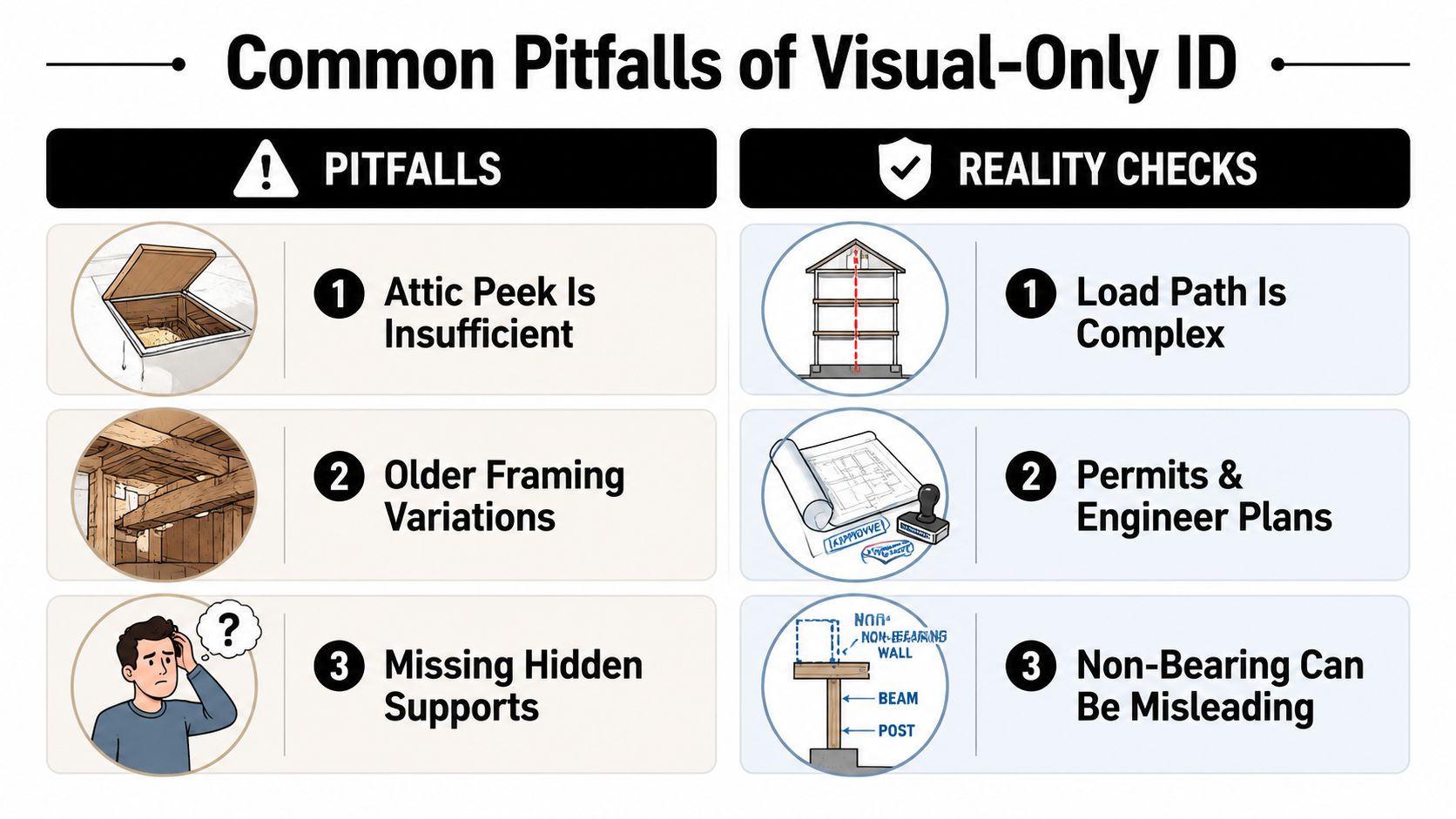 An infographic showing the common pitfalls of identifying load-bearing walls visually compared to professional reality checks.