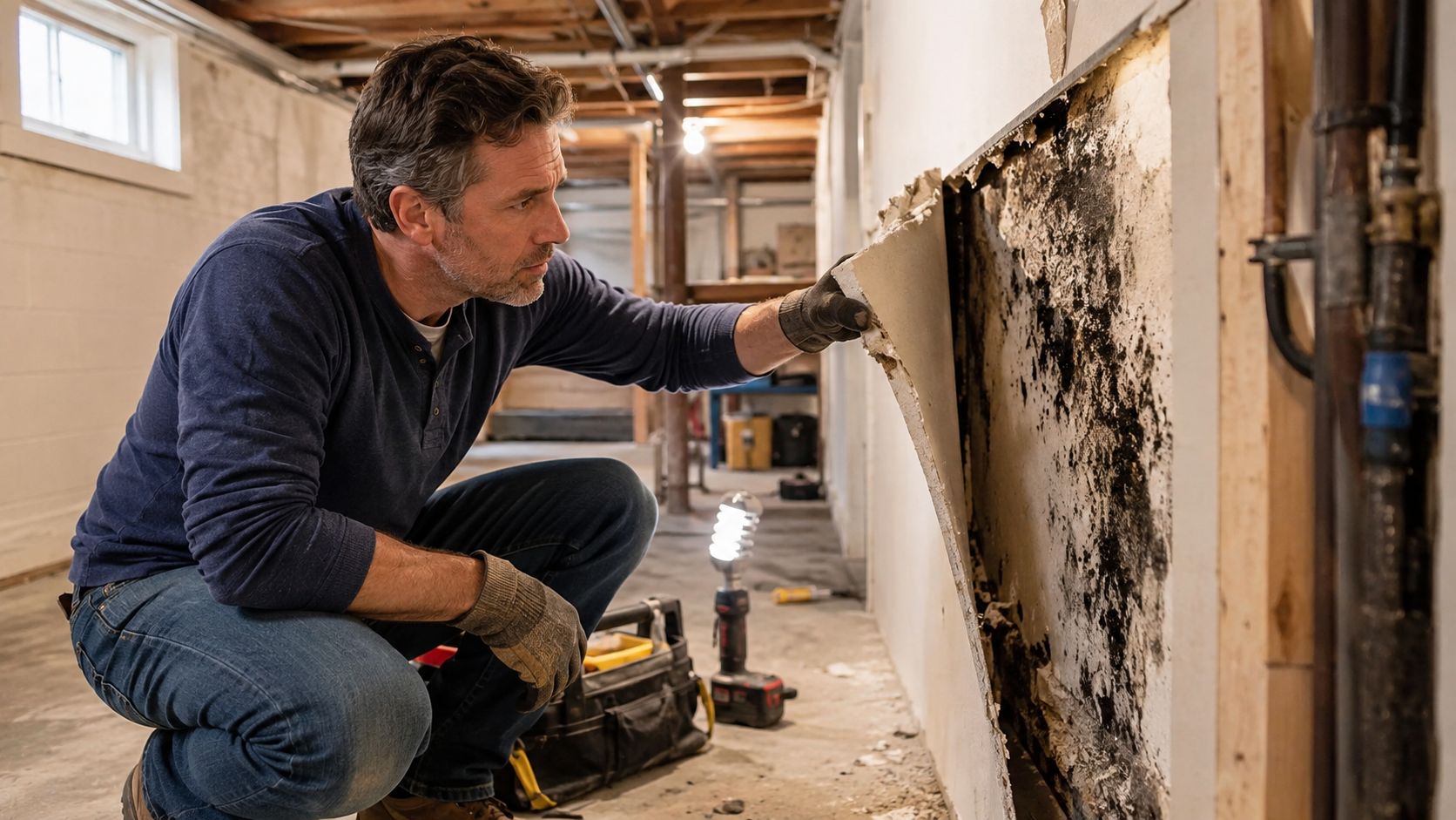 A professional contractor inspecting black mold growth behind a damaged basement wall panel.