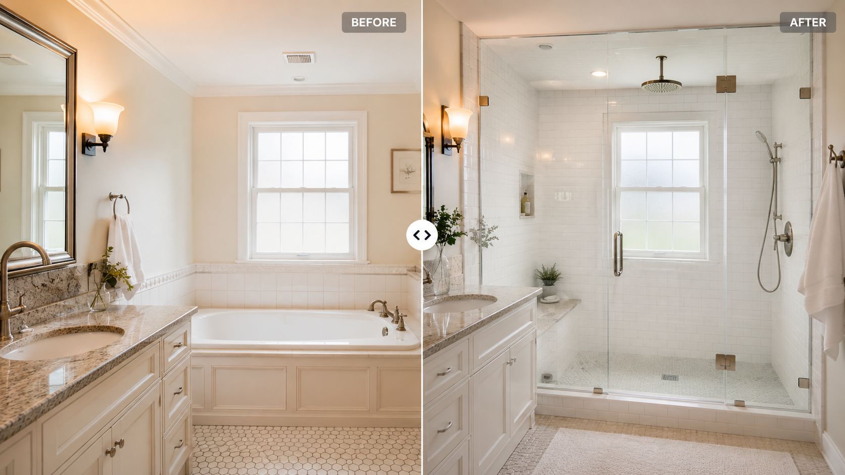 A split view comparison showing a bathroom remodel where a traditional bathtub was replaced with a walk-in shower.