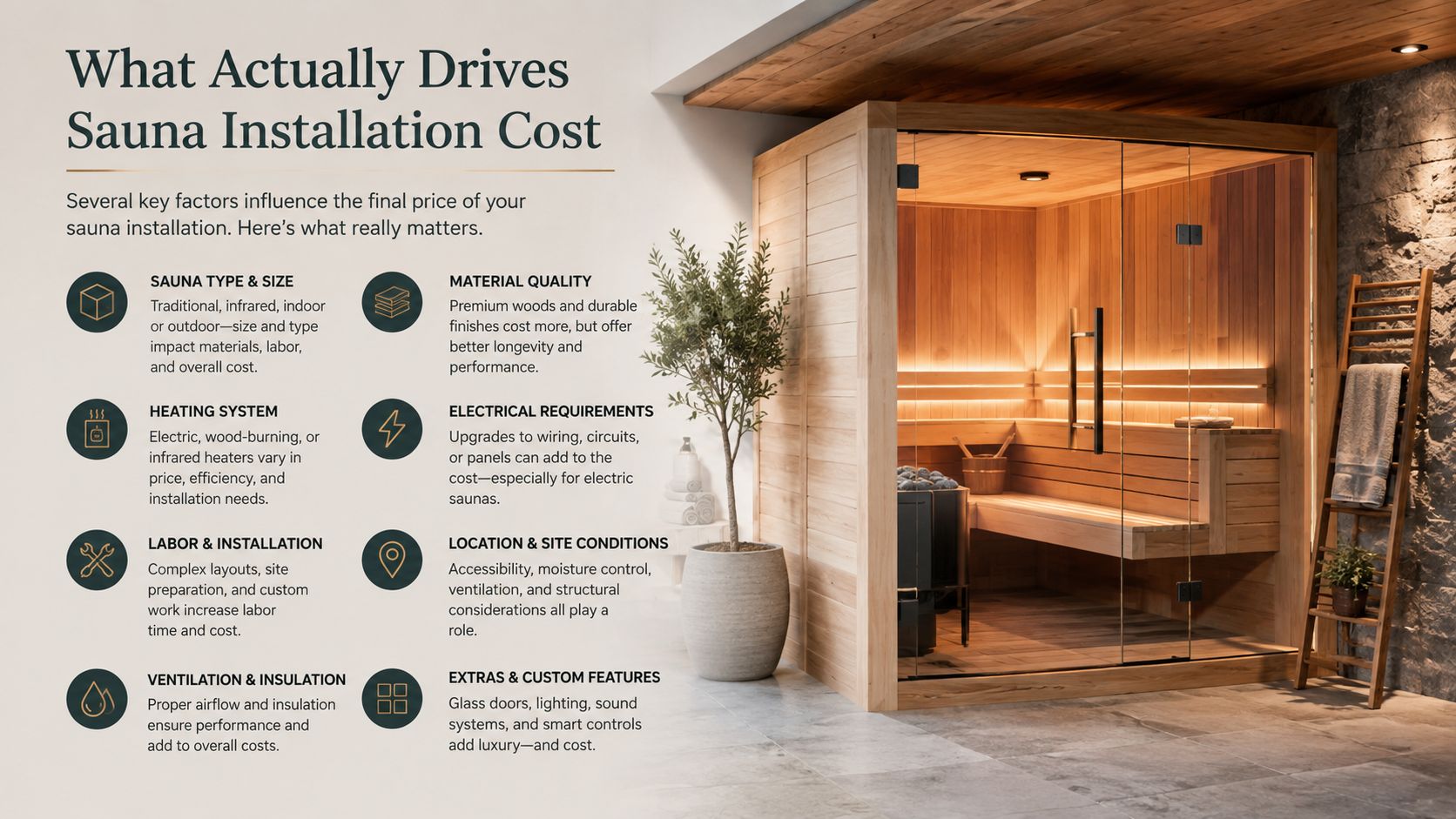 A modern home sauna installation with information on key factors affecting overall cost and construction requirements.