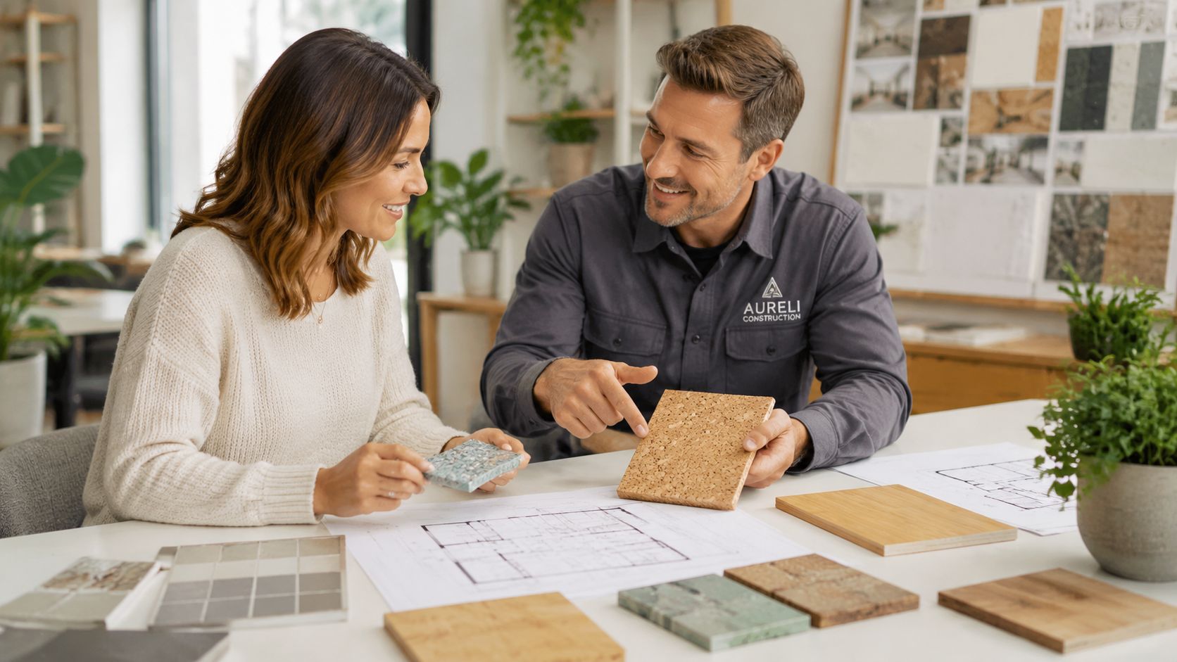 A professional construction consultant discusses sustainable material samples with a client over building floor plans.