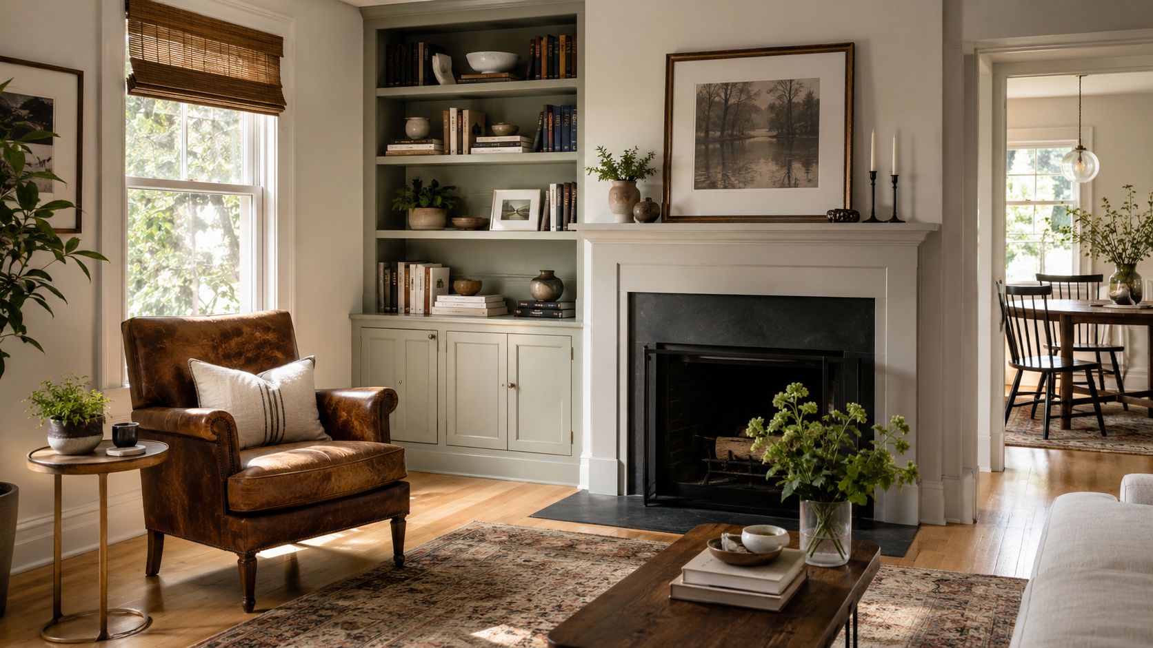 A cozy, well-lit living room featuring a comfortable leather armchair, a fireplace, and elegant built-in shelving.