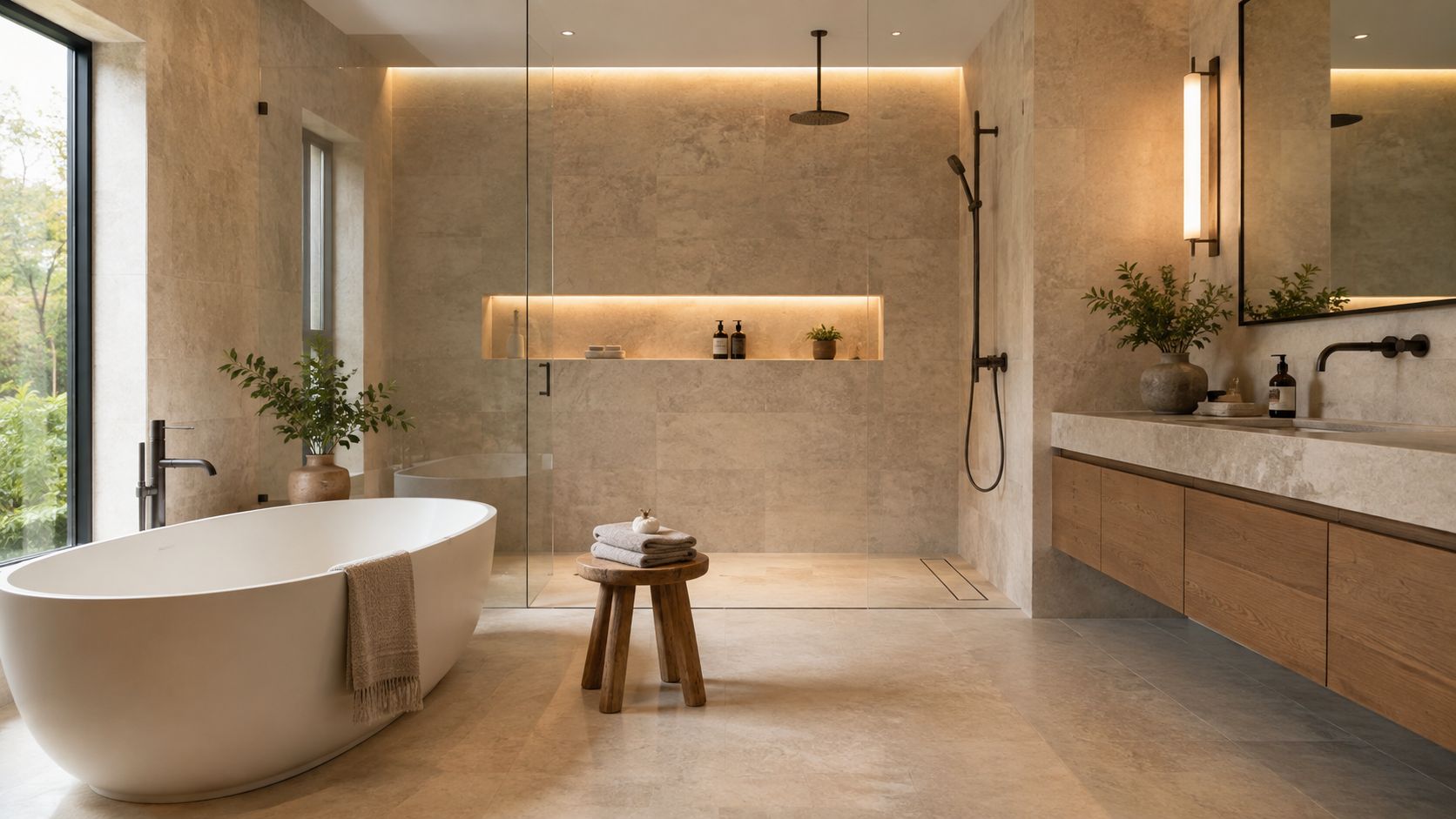 A luxurious modern bathroom featuring a freestanding white bathtub, glass-enclosed walk-in shower, and natural wood vanity cabinet.