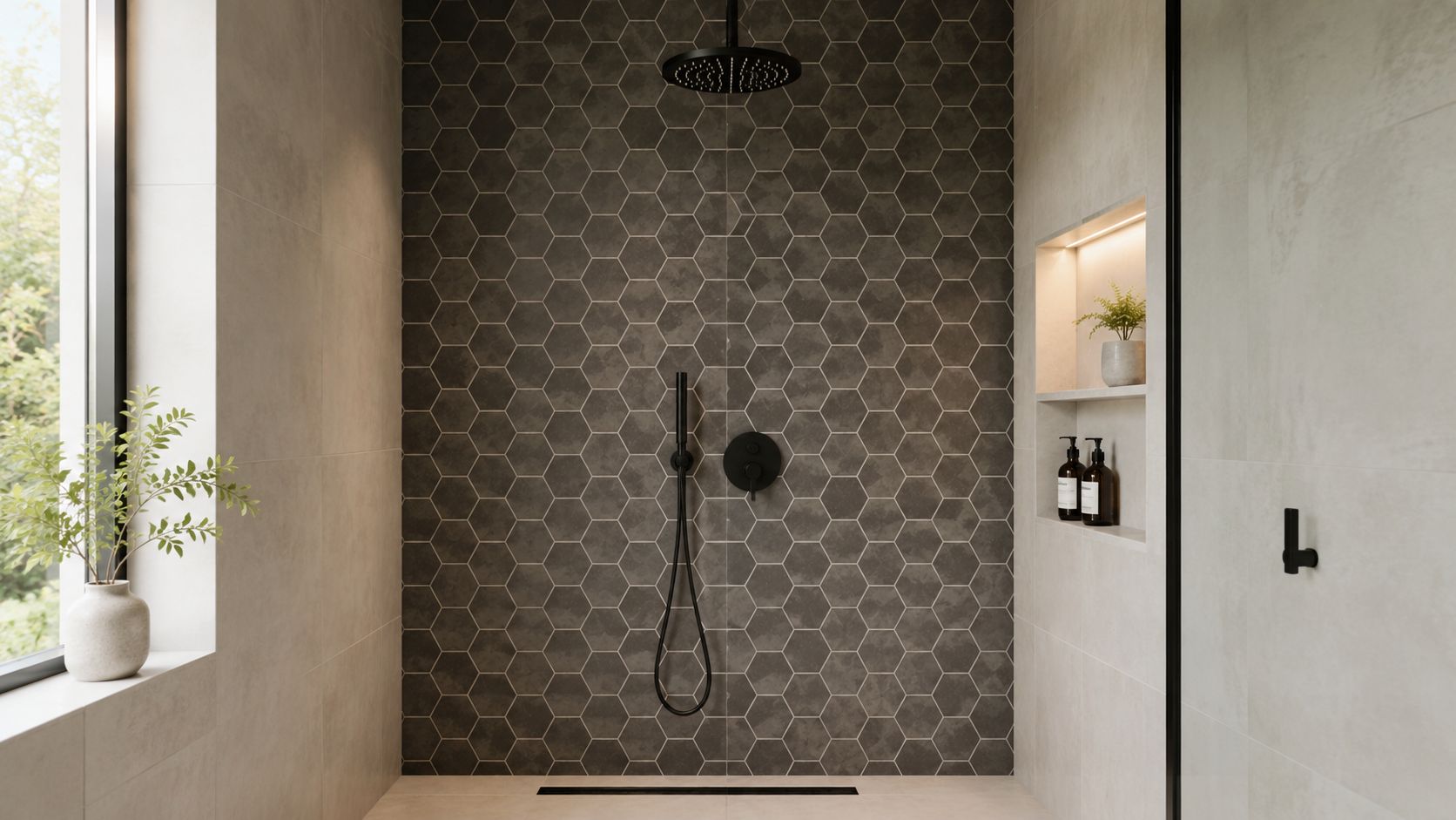 A modern walk-in shower featuring grey hexagonal tiles, a rainfall showerhead, and a minimalist recessed wall shelf.