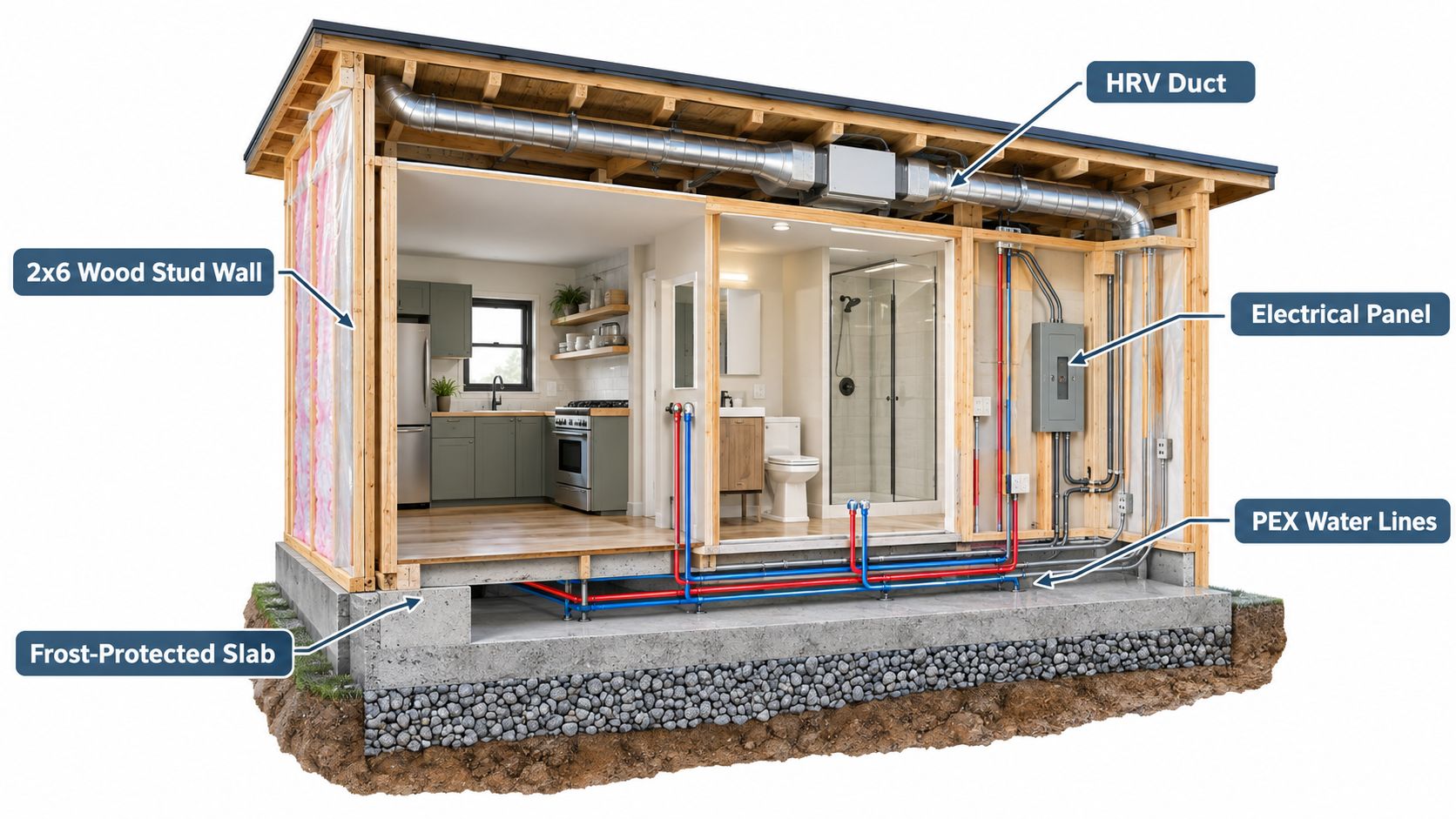 Cross section showing the interior construction of a small modular dwelling featuring plumbing, electrical, and HVAC components.