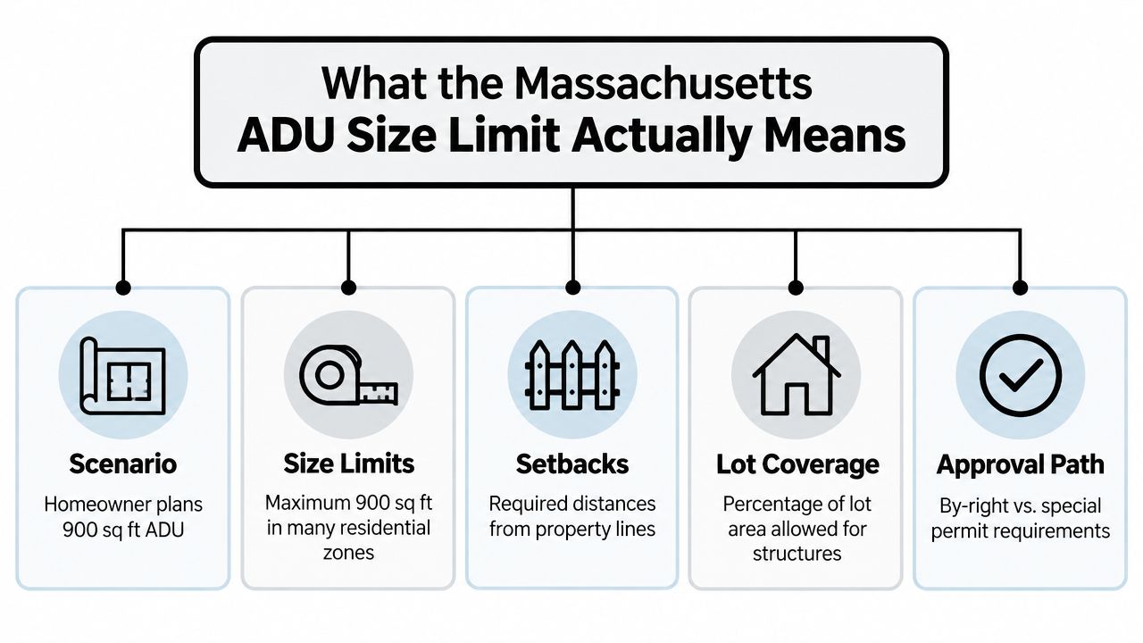 A flowchart infographic explaining the legal aspects and requirements for Massachusetts ADU size limits for homeowners.