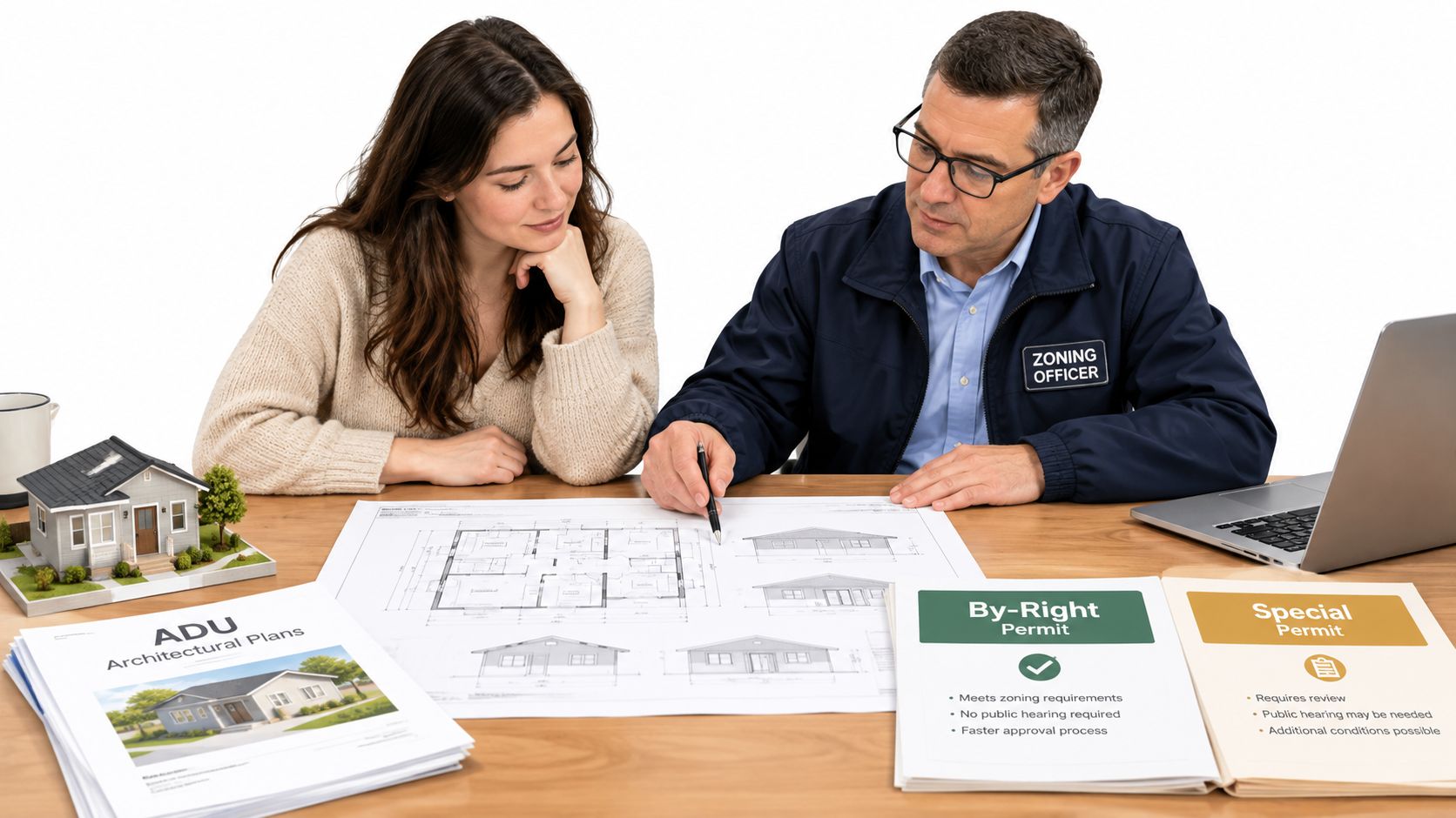 A zoning officer explains architectural plans for an ADU to a woman, discussing permit requirements.