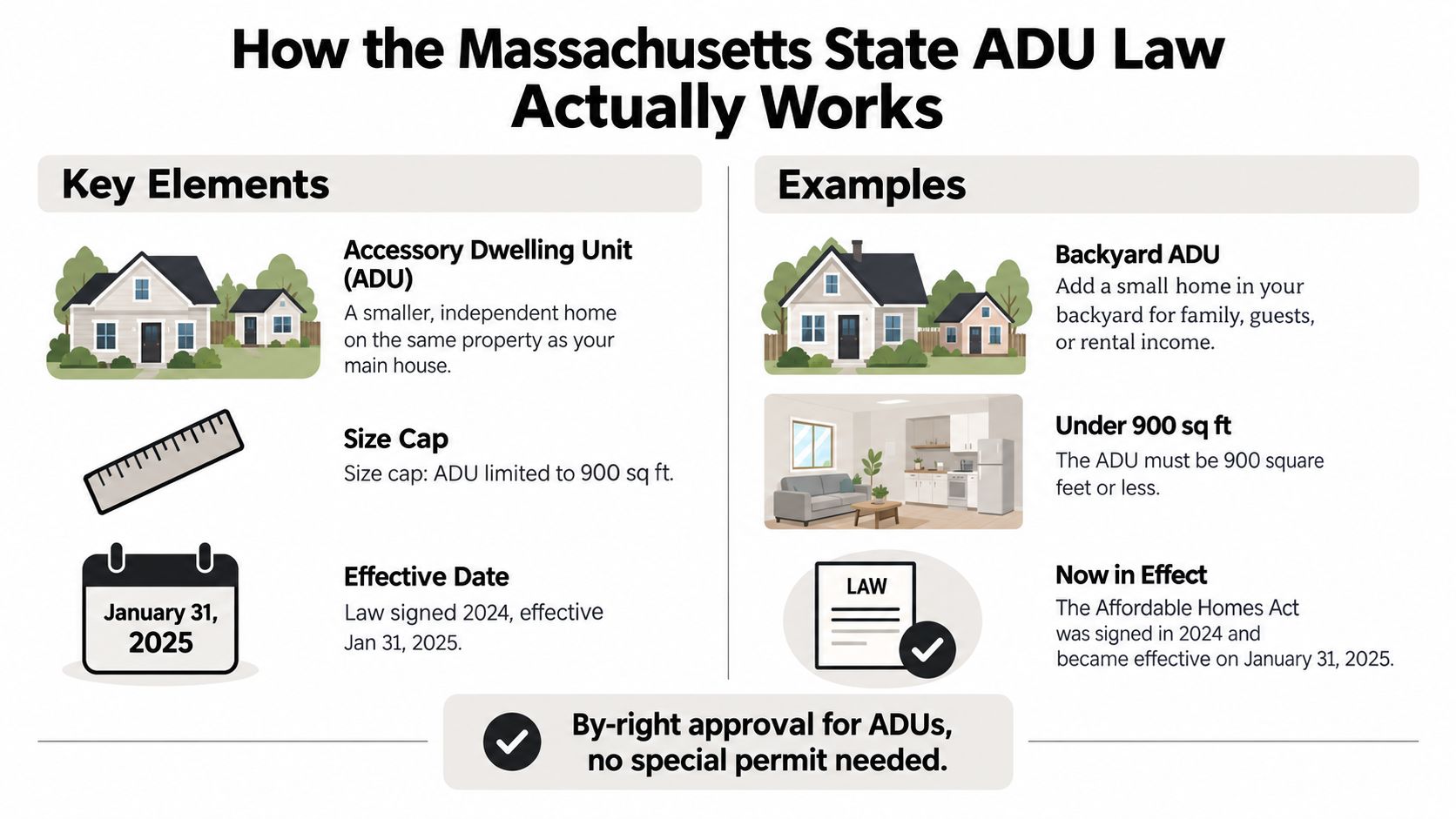 An infographic explaining the Massachusetts State ADU Law requirements regarding size, effective date, and approval process.