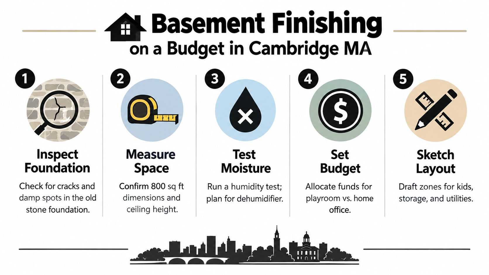 A five-step infographic guide for basement finishing on a budget in Cambridge MA with illustrative icons.