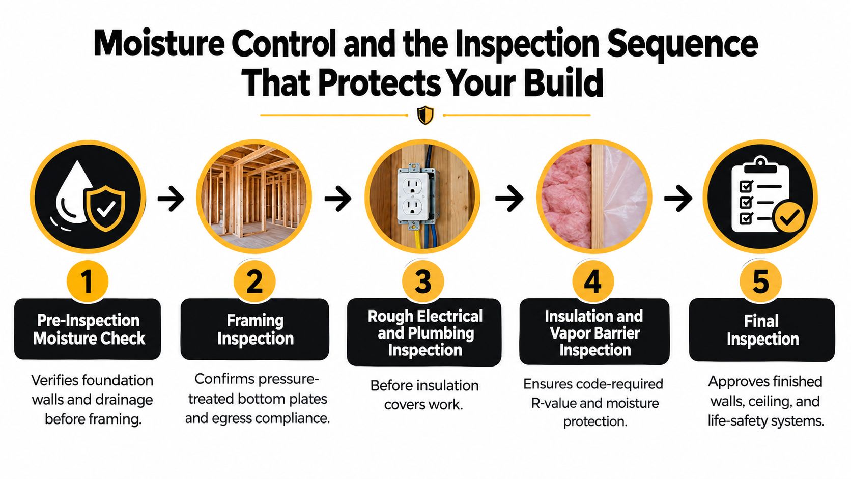 A diagram illustrating the five-step basement finishing permit and inspection sequence for proper moisture control in construction.