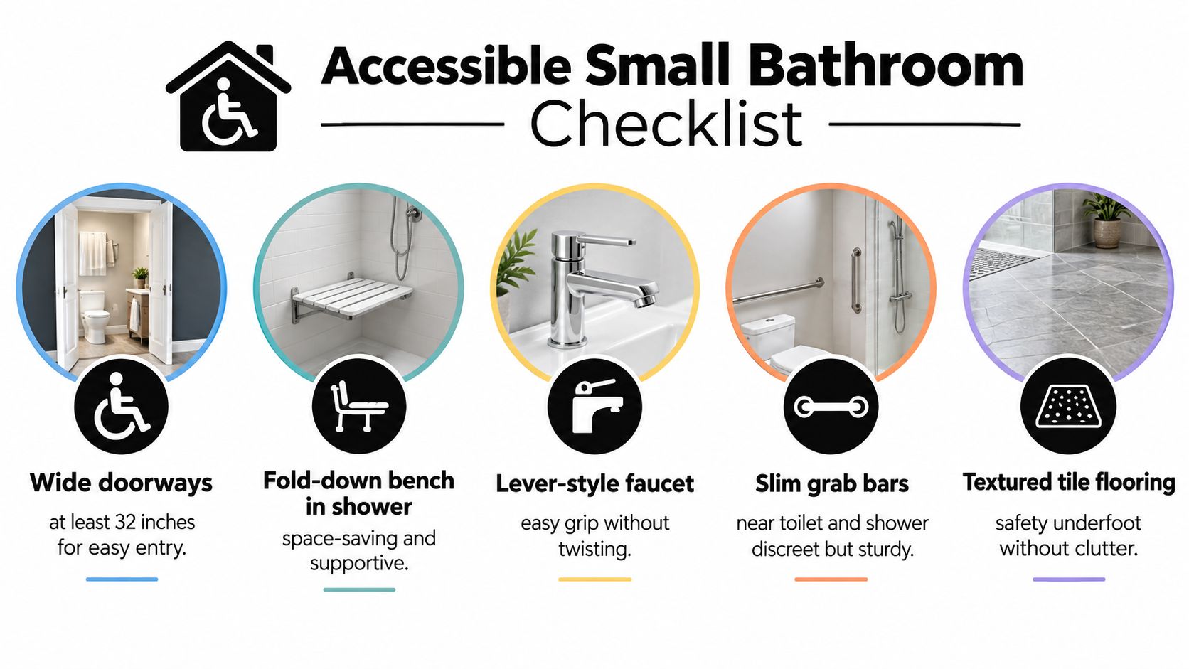 An infographic checklist for accessible small bathroom design featuring doorways, shower benches, faucets, grab bars, and flooring.
