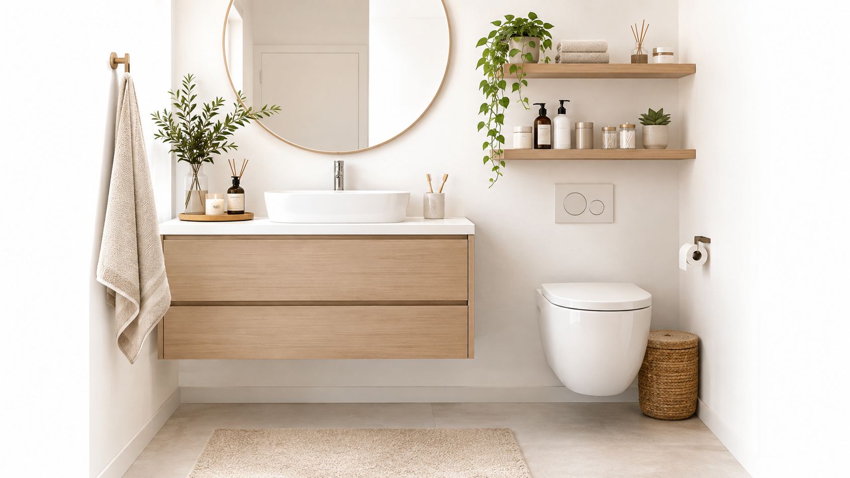 A modern minimalist bathroom design featuring a wooden vanity, wall-mounted toilet, and decorative floating shelves with plants.