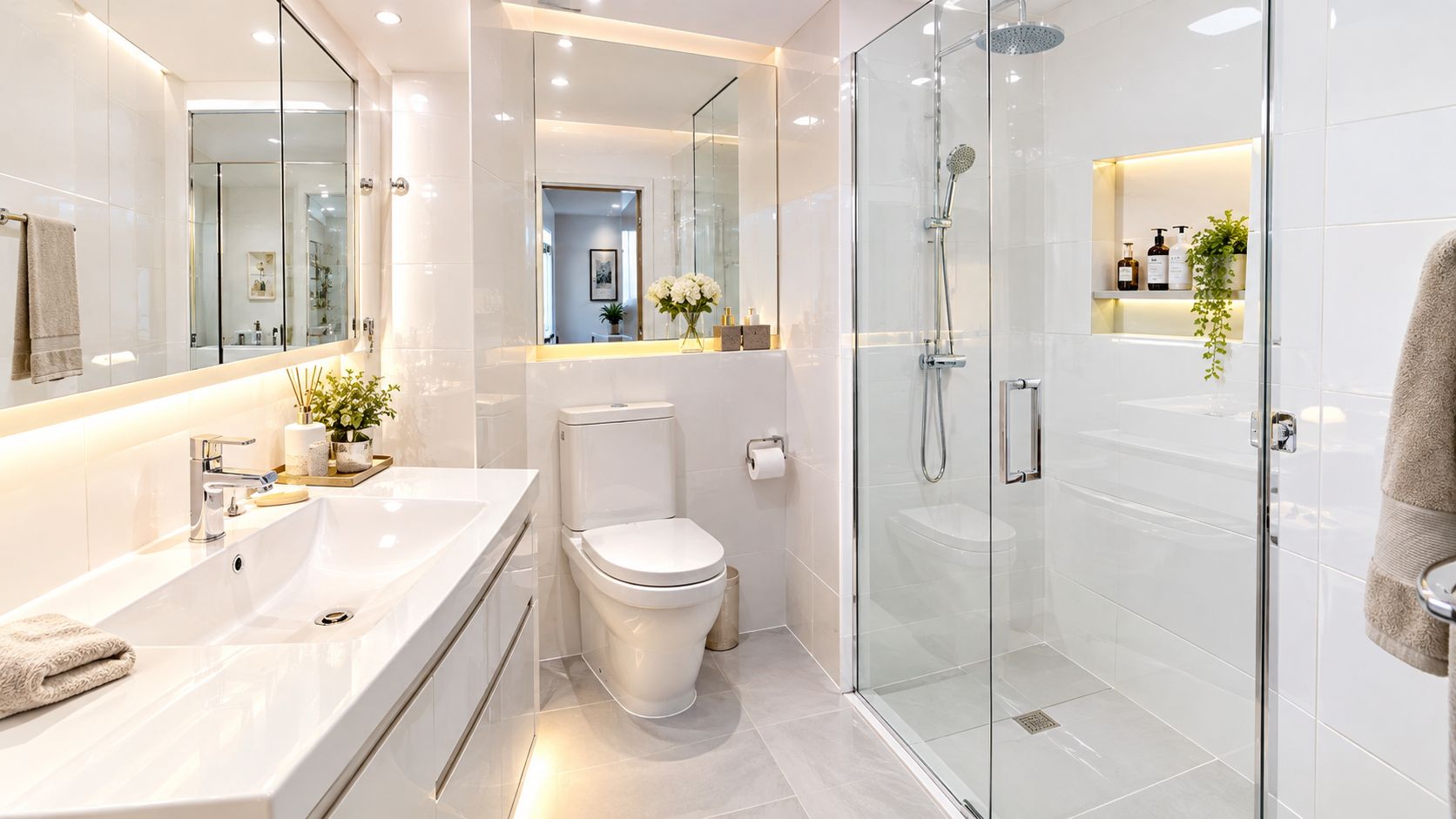 A clean, modern white bathroom featuring a glass shower, a vanity sink, and a toilet in a room.