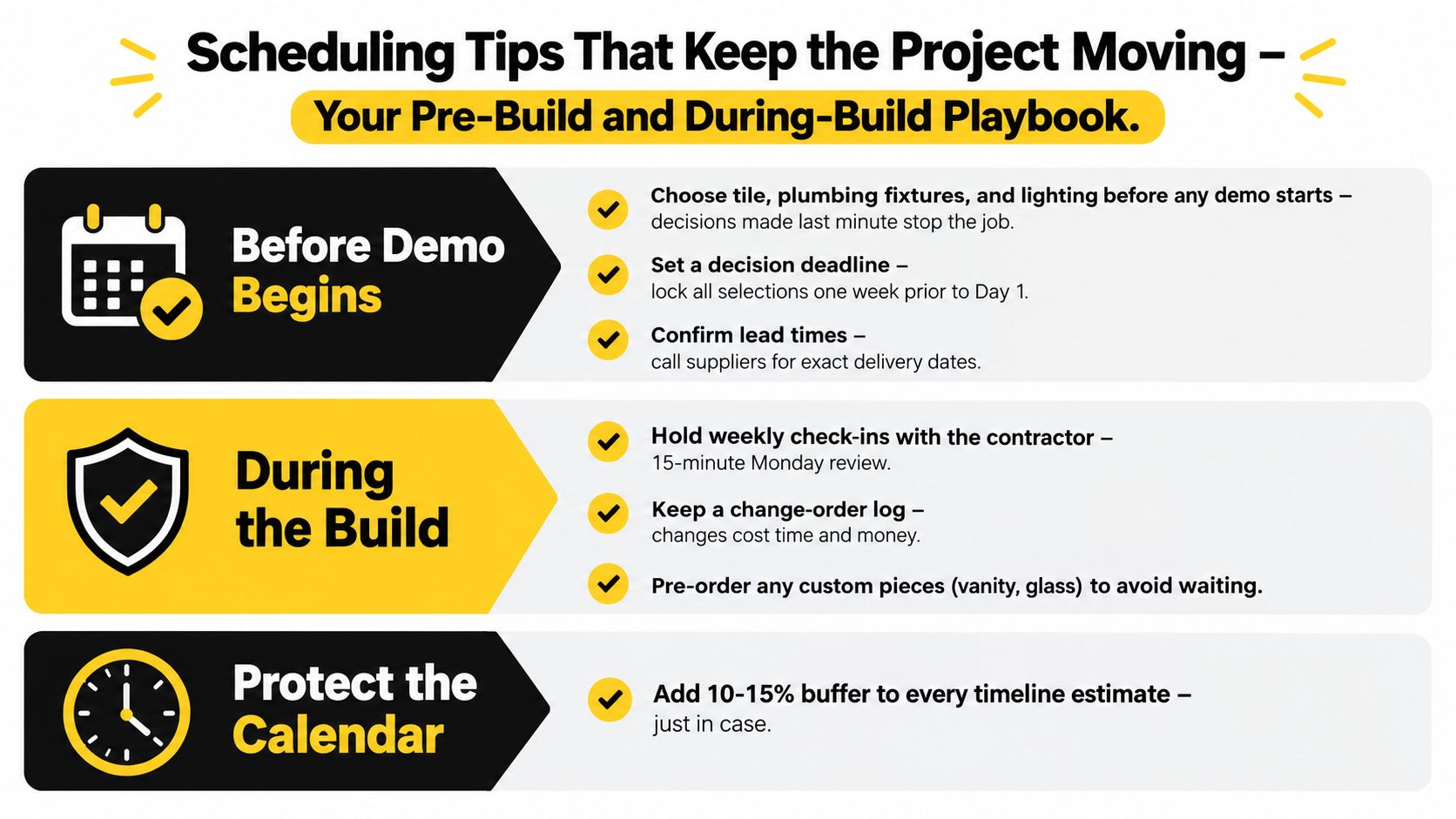 An infographic titled Scheduling Tips That Keep the Project Moving outlining essential steps for managing home renovation timelines.
