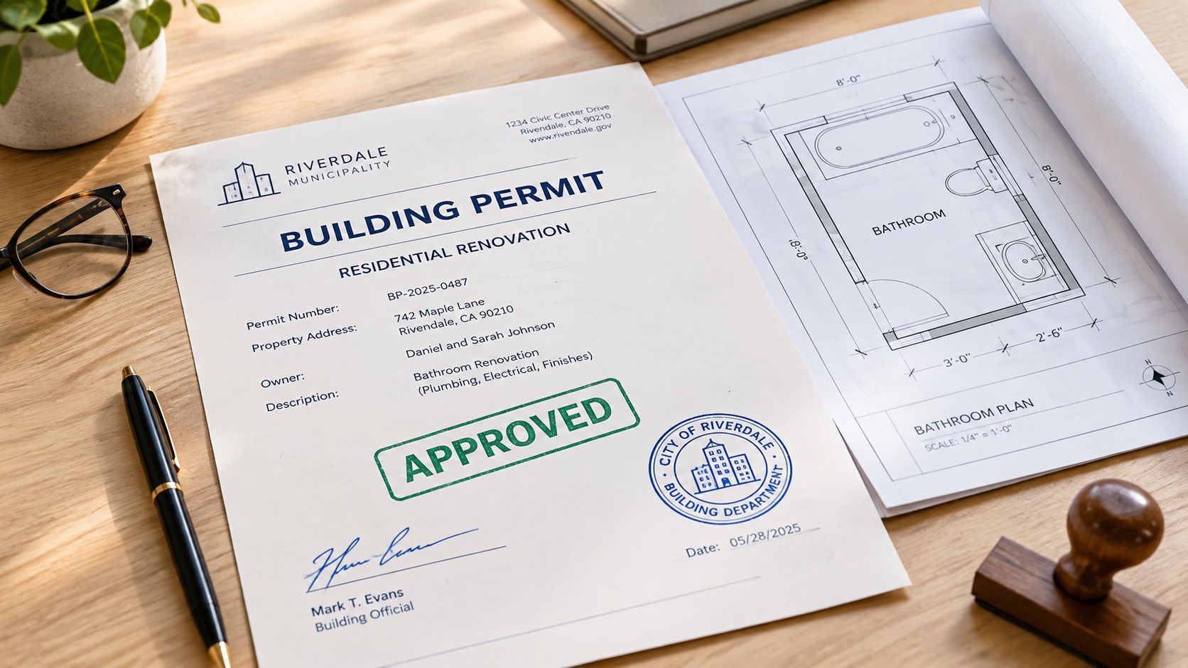 An approved building permit for a bathroom renovation with floor plans sitting on a wooden desk.