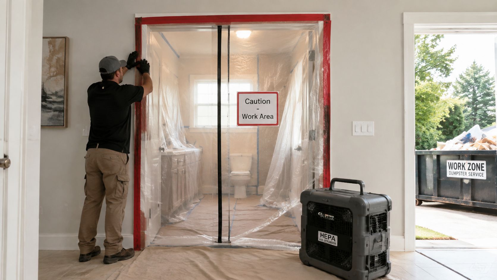 A professional contractor installing plastic containment sheeting in a residential bathroom during a home renovation project.