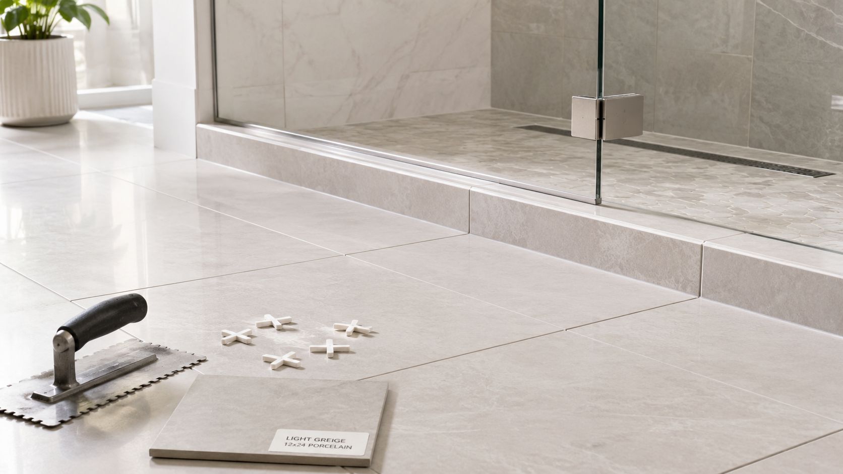 A light greige porcelain tile sample sits on a tiled floor near a trowel and shower.