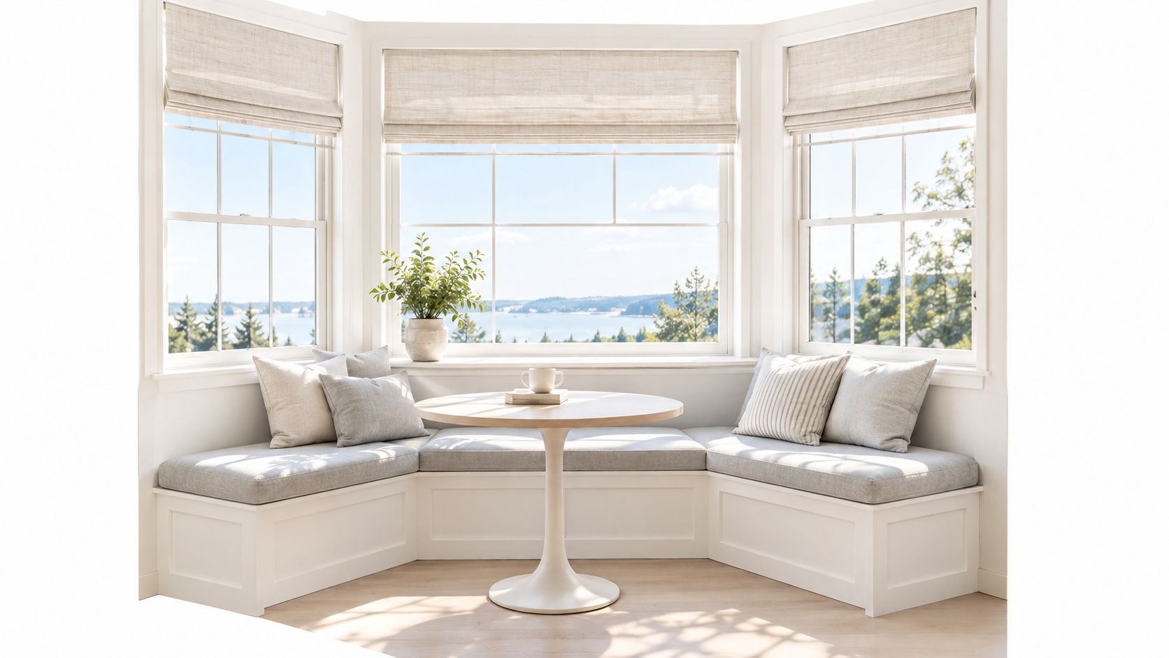 A cozy, sunlit breakfast nook featuring a built-in white window bench with comfortable cushions and a pedestal table.