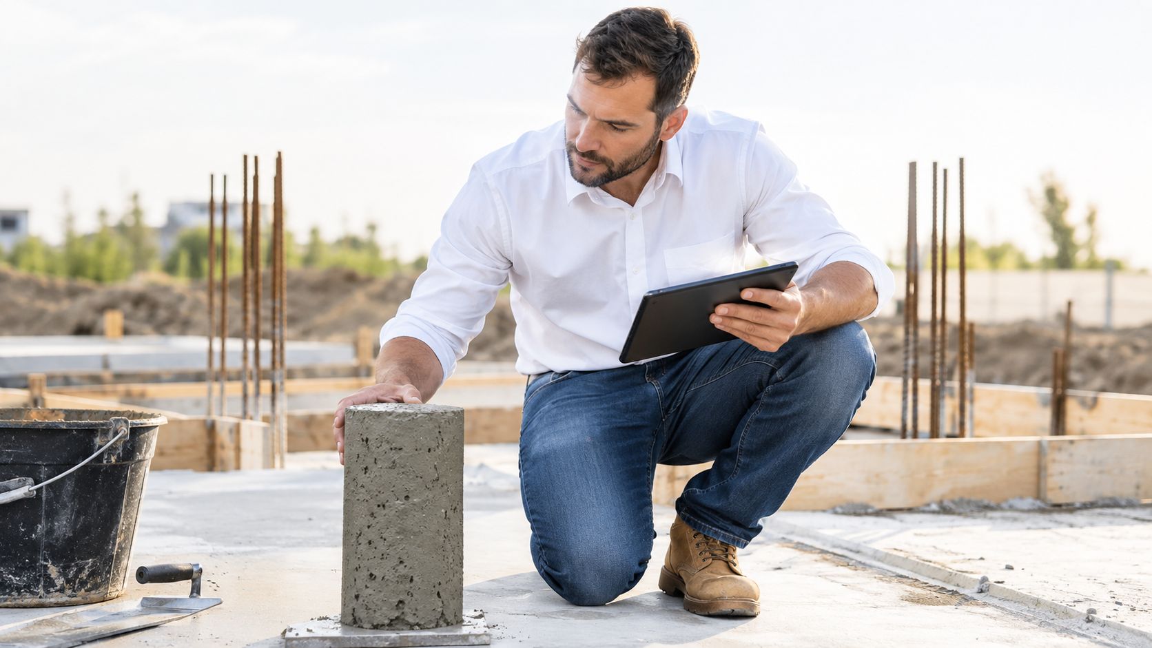 A professional construction engineer inspecting a concrete cylinder sample on a building site using a digital tablet.