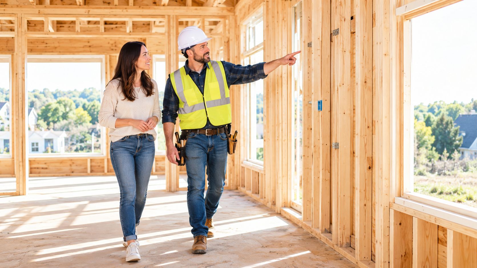 A female client and a male contractor in a hard hat inspecting a new wooden home construction.