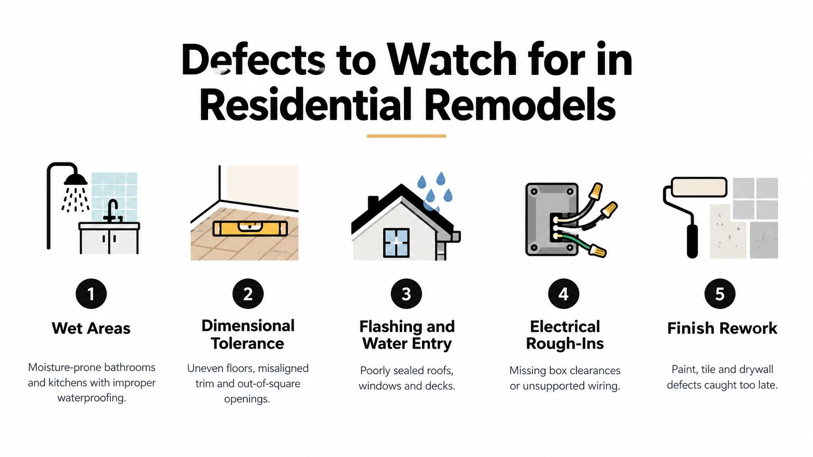 A visual guide illustrating five common residential remodel defects including wet areas, dimensional tolerance, water entry, and electrical.