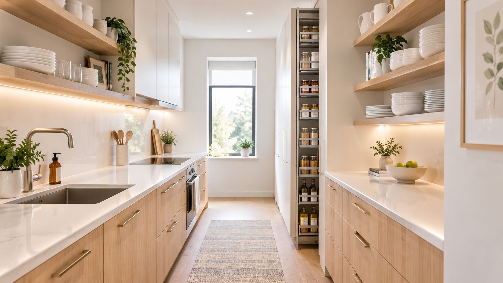 A modern galley kitchen renovation with light wood cabinetry, quartz countertops, open shelving, and a tall pantry.