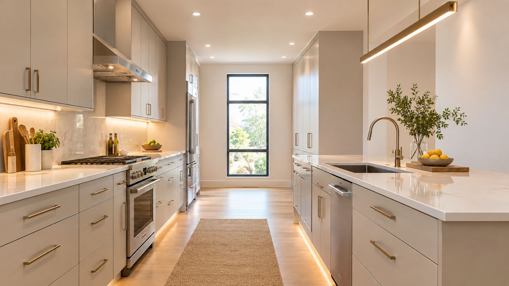 A modern galley kitchen featuring sleek light cabinets, white countertops, and a stylish minimalist window design.