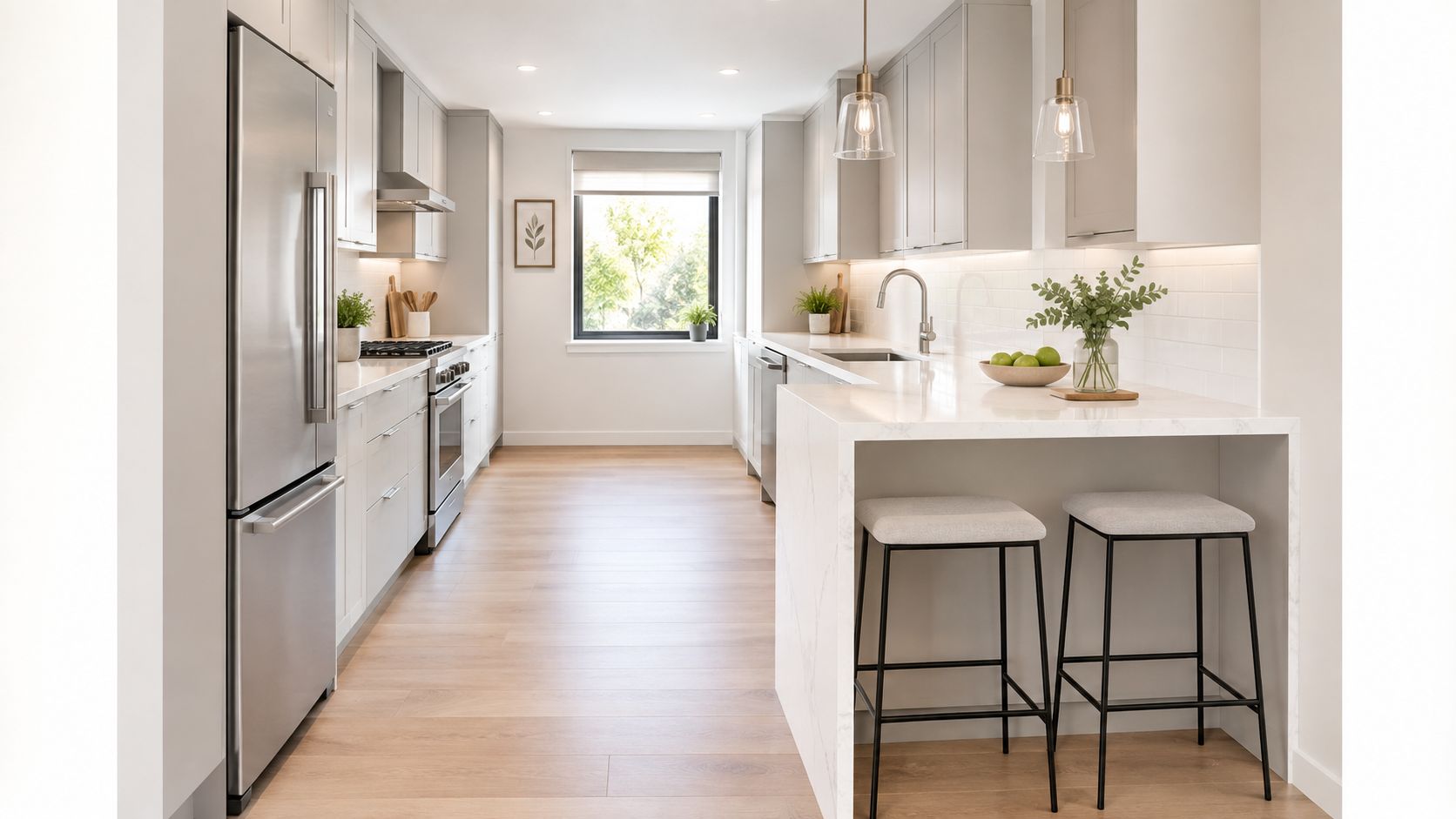 A modern, bright galley kitchen with light wood floors, grey cabinets, marble countertops, and two stools.